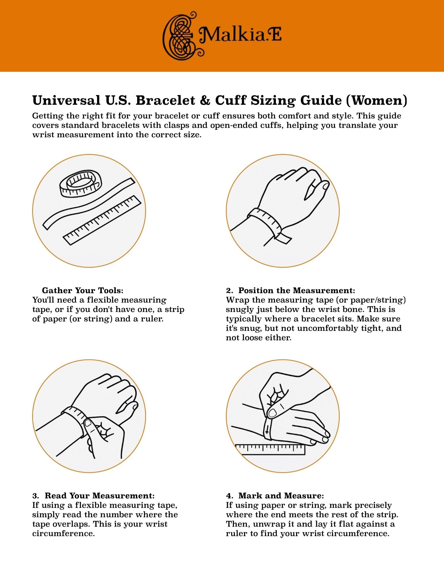 Malkia bracelet and cuff sizing guide for women with step-by-step instructions and illustrations.