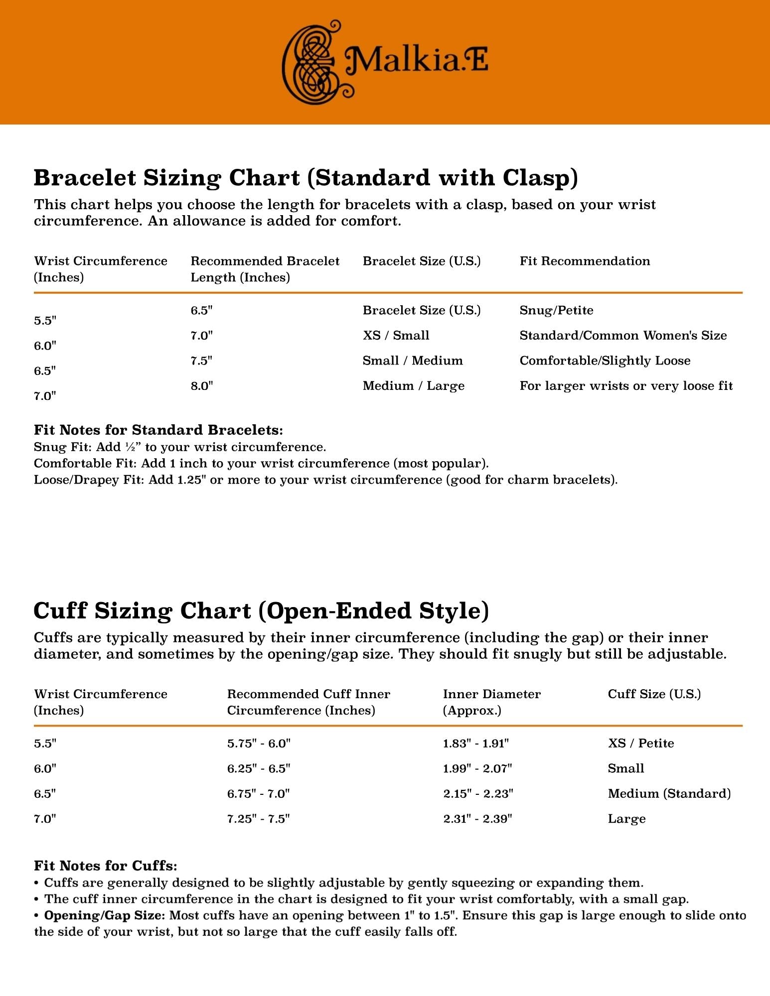 Malkia bracelet and cuff sizing chart with measurements and fit recommendations.