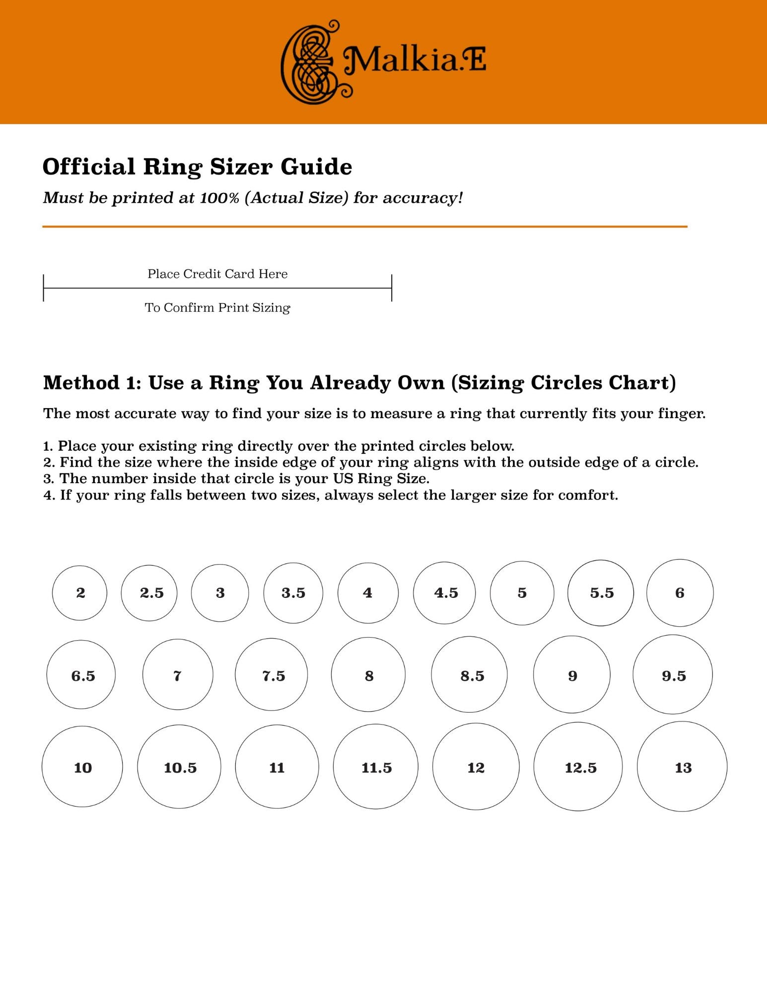 Ring sizer guide with sizing chart for measuring finger size, branded with Malkia.