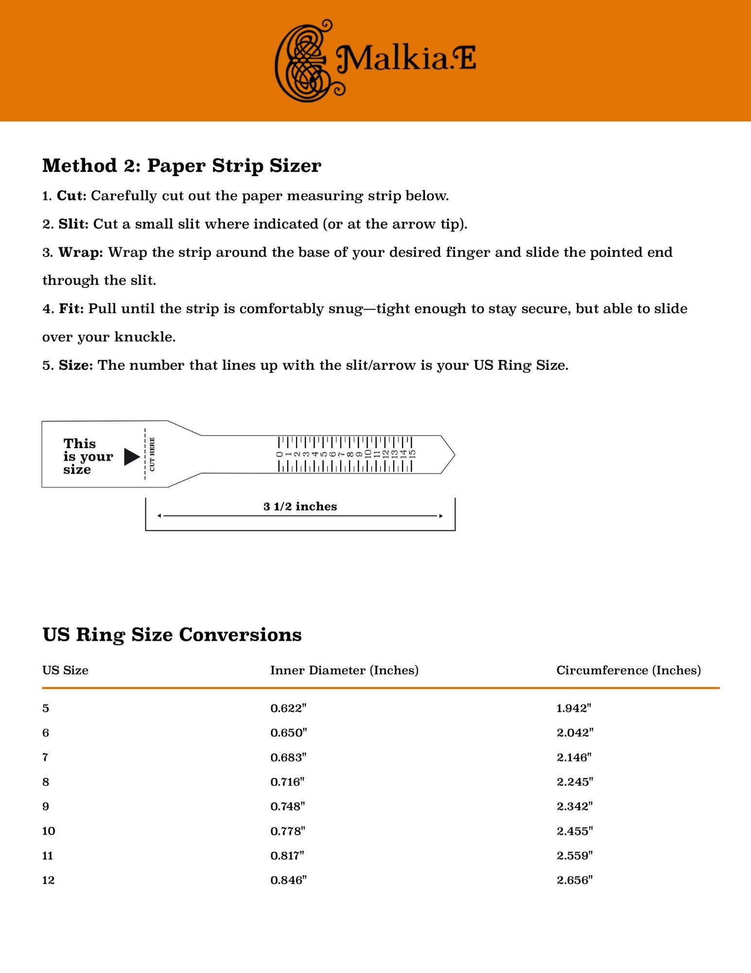 Instructions for using a paper strip sizer with US ring size conversions on a white background.