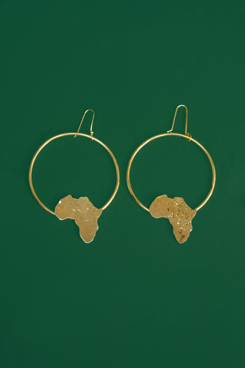 Gold hoop earrings with an  Africa map shape accent on the bottom part of the hoop