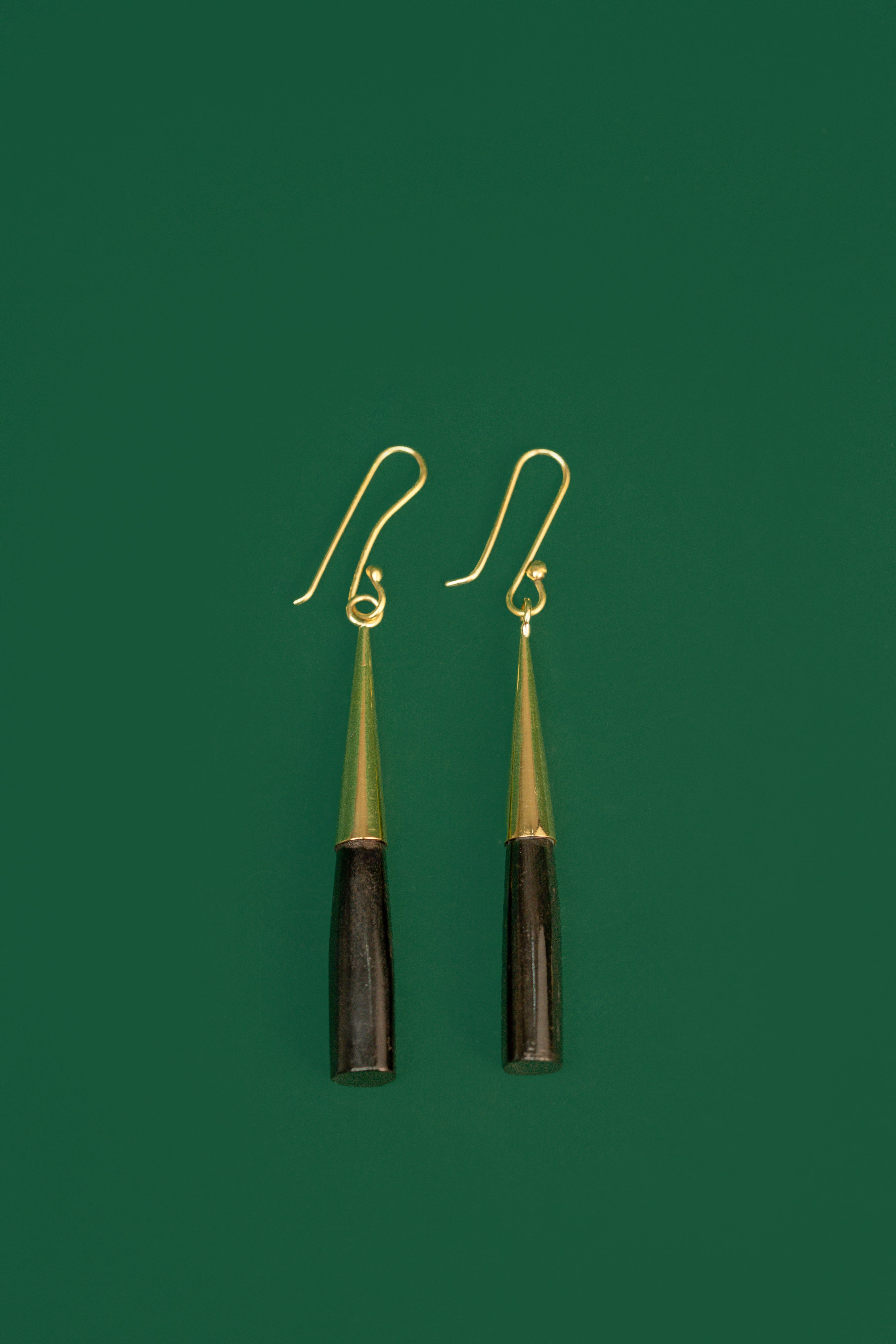 Pair of earrings with black and gold cylindrical design on a green background
